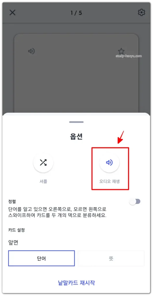 퀴즐렛 사용법, 낱말카드 오디오 재생 기능 사용하기
